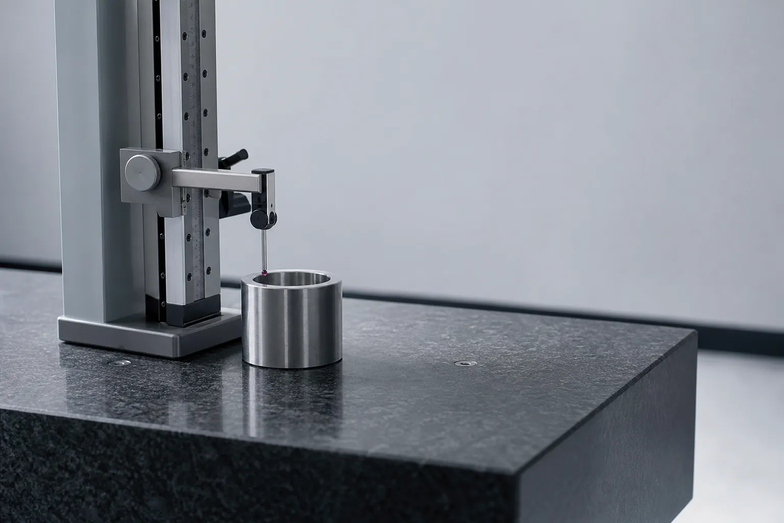 Colonne de mesure verticale dans un atelier clair, pièce cylindrique en cours de relevé