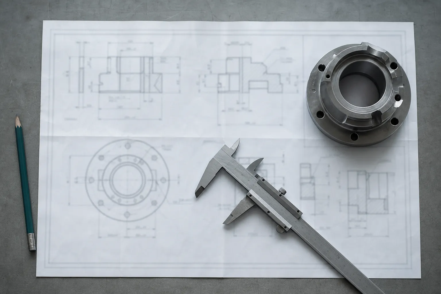 Plan technique coté déplié sur un établi, à côté d'une pièce usinée et d'un pied à coulisse
